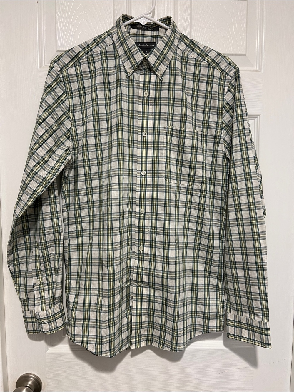 Eddie Bauer White and Green Plaid Long-Sleeve Button-Down Shirt